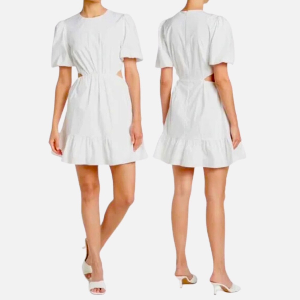 WAYF Puff Sleeve Cutout Poplin Dress